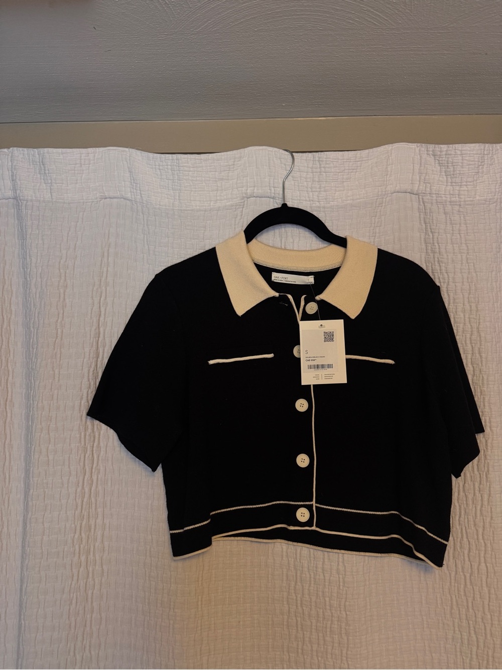 OAK + FORT Black Knit Cardigan with Cream Collar and Trim